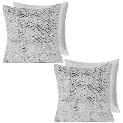 2 Pack Two Tone Faux Fur Fleece Filled Cushion Covers, Grey - 45 x 45cm