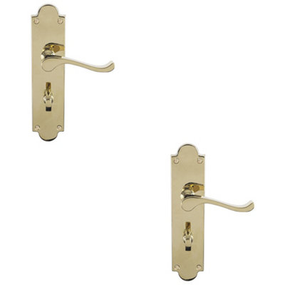2 PACK - Victorian Bathroom Latch Door Handle - Polished Brass Lever On Shaped Backplate