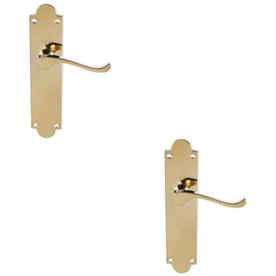 2 PACK - Victorian Internal Latch Door Handle - Polished Brass Lever On Shaped Backplate