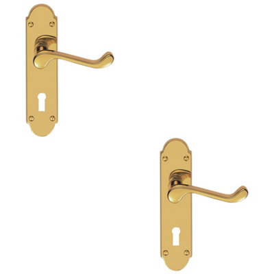 2 PACK - Victorian Latch & Lock Door Handle - Polished Brass Lever On Shaped Backplate