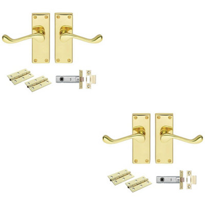 2 PACK - Victorian Scroll Door Handle & Latch Pack Set- Electro Brassed Lever on Plate Kit