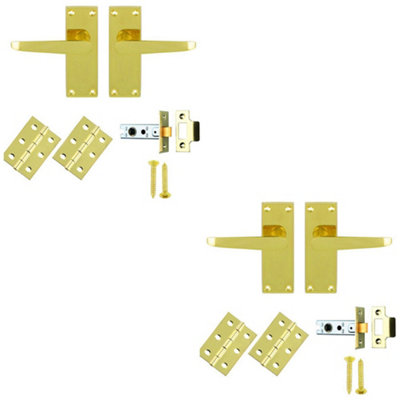 2 PACK - Victorian Straight Door Handle & Latch Pack Set- Electro Brassed Lever on Plate Kit