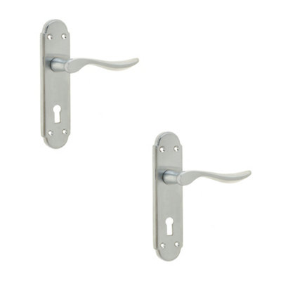 2 PACK Victorian Style Satin Chrome Suite Door Handle with Lockplate - Interior Lever on Backplate