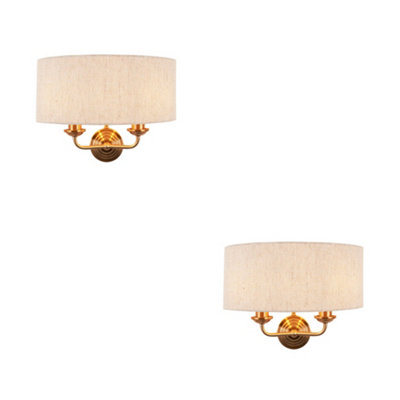 2 Pack Vintage Brass Dimmable Wall Sconce with Natural Linen Shade - Stylish Home Lighting Solution