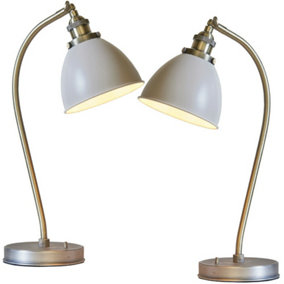 2 PACK Vintage Curved Table Lamp Antique Brass & Grey Industrial Bedside Light