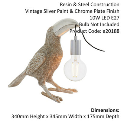 2 PACK Vintage Silver Toucan Table Light - Resin Figure - Chrome Lamp Holder