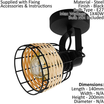 2 PACK Wall / Ceiling Light Black & Wicker Adjustable Spotlight 1x 40W E27
