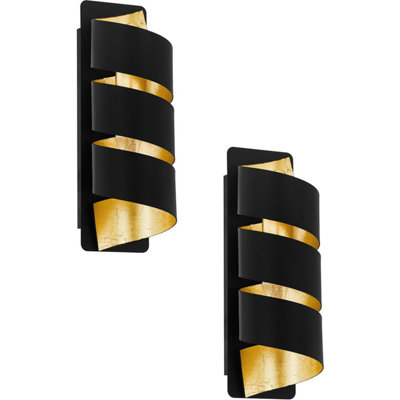 2 PACK Wall Light Colour Black Gold Vertical Spiral Metal Shade Bulb