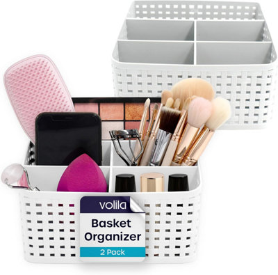 2-Pack White Plastic Storage Baskets 5-Grid Makeup Organiser for Desk, Vanity, Bathroom, Toiletries & Skincare Storage