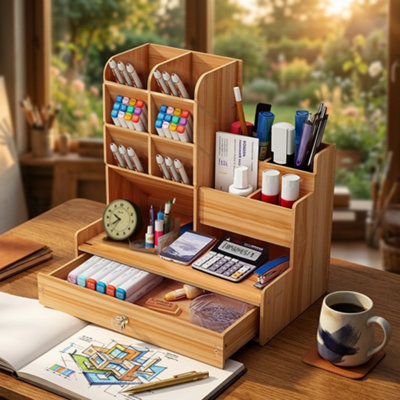 2 Pack Wooden Office Desk Organiser Box Pen Pencil Storage Holder for Study Table 25.4 cm