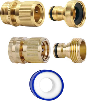 2 Pairs Garden Hose Quick Connect Set 3/4 Inch Solid Brass Hose Fitting w/ PTFE Tape Male,Female Adapters for Outdoor Tap and More