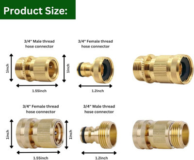 2 Pairs Garden Hose Quick Connect Set 3/4 Inch Solid Brass Hose Fitting w/ PTFE Tape Male