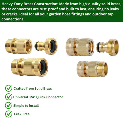 2 Pairs Garden Hose Quick Connect Set 3/4 Inch Solid Brass Hose Fitting w/ PTFE Tape Male - 3