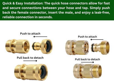 2 Pairs Garden Hose Quick Connect Set 3/4 Inch Solid Brass Hose Fitting w/ PTFE Tape Male - 6