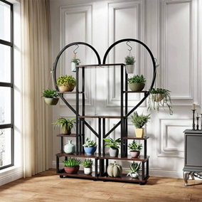 2 Pcs 6-Tier Brown Rustic Half Heart Shaped Plant Stand Display Shelf with 4 Casters 109cm (H)