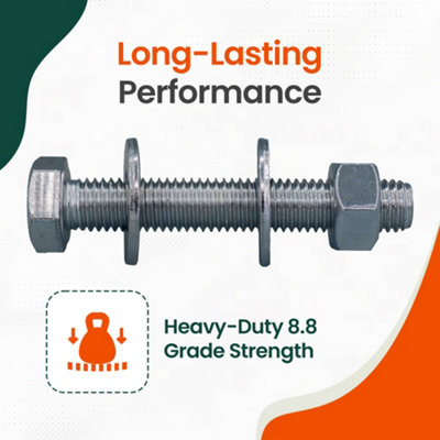 2 Pcs Grade 8.8 Zinc Plated Hex Bolts with Nuts & Washers, DIY Threaded ...
