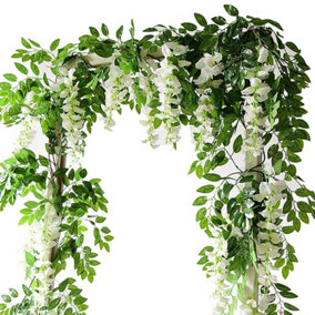 2 Pcs White Artificial Wisteria Fake Flowers Garland Hanging Ivy Vine for Wedding Decorations 2M