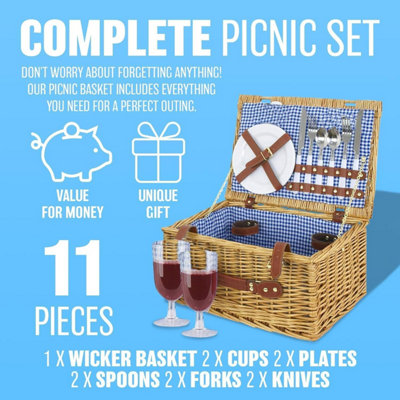 2 Person Hamper Basket Wicker Family Picnic Holder Food Utensils Set ...