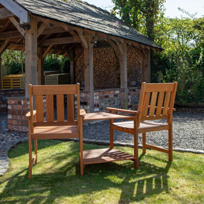 2 Person Wooden Garden Bench Love Seat & Table Garden Furniture - 4
