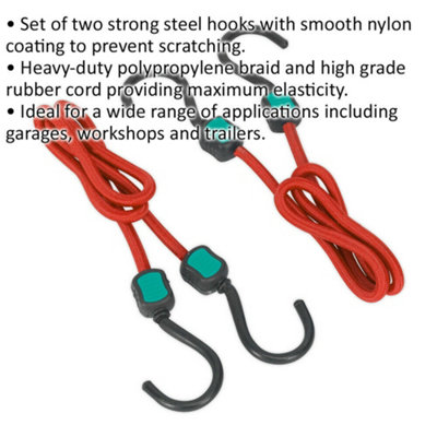 Loops - 2 Piece 760mm Bungee Cord Set - Nylon Coated Steel Hooks - 1700mm Stretch