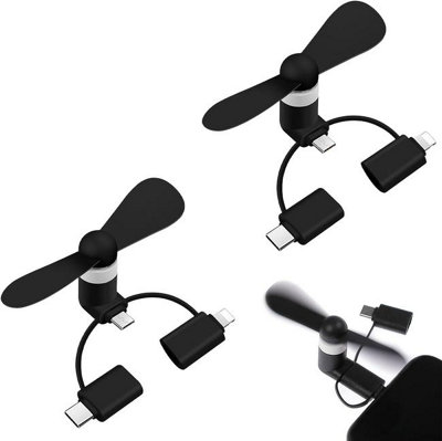 2 Pieces, Black, Mini Phone Fan, Mobile Phone Fan, 3-in-1 Silent Fan ...