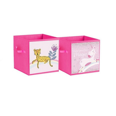 2 Pink Folding Storage Cube Boxes Fabric Cube Unit Box Unicorn Cheetah 26cm