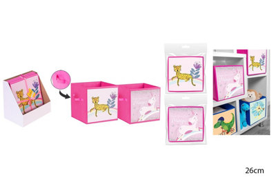 2 Pink Folding Storage Cube Boxes Fabric Cube Unit Box Unicorn Cheetah 26cm