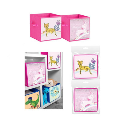 2 Pink Folding Storage Cube Boxes Fabric Cube Unit Box Unicorn Cheetah 26cm