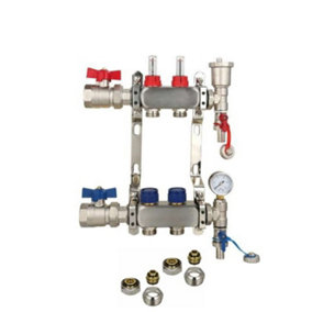 2 Ports Stainless Steel UFH Manifold with 16mm Pipe Connections, 1 inch Ball Valves, Automatic Air Vent & Pressure Gauge