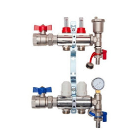2 Ports Water Underfloor Heating Manifold with 15mm Pipe Connections, 1 inch Ball Valves, Automatic Air Vent & Pressure Gauge