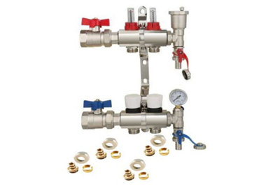 2 Ports Water Underfloor Heating Manifold with 16mm Pipe Connections, 1 inch Ball Valves, Automatic Air Vent & Pressure Gauge