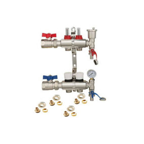 2 Ports Water Underfloor Heating Manifold with 16mm Pipe Connections, 1 inch Ball Valves, Automatic Air Vent & Pressure Gauge