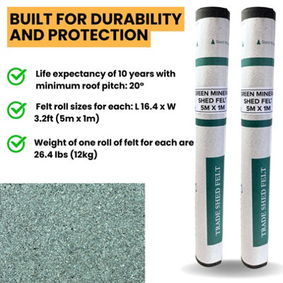 2 Rolls Heavy-Duty Green Mineral Shed Roofing Felt (5m x 1m) - With 13mm Pack of 50 Galvanized Roofing Nails - Standard Grade - 3
