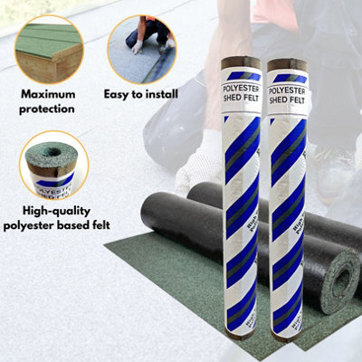 2 Rolls Heavy-Duty Green Polyester Shed Roofing Felt (5m x 1m) - With 13mm Pack of 50 Galvanized Nails - 25-Year Life Expectancy