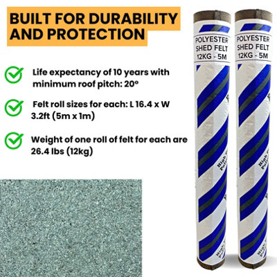2 Rolls Heavy-Duty Green Polyester Shed Roofing Felt (5m x 1m) - With 13mm Pack of 50 Galvanized Nails - 25-Year Life Expectancy - 3