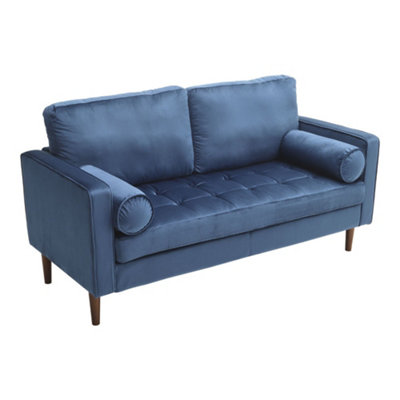 2-Seat Velvet Sofa Double Sofa with Bolster Pillows, Blue