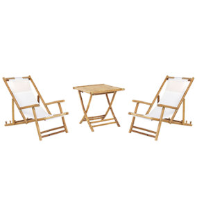 2 Seater Bamboo Sun Lounger Set with Coffee Table Light Wood and Off-White ATRANI /MOLISE