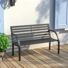 2 Seater Black Retro Slatted Iron Wood Rustproof Garden Bench