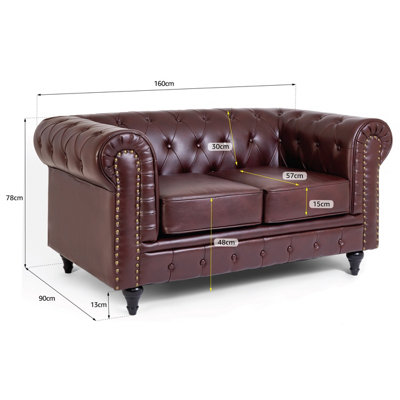 2 Seater Bonded Leather Chesterfield Sofa - Brown