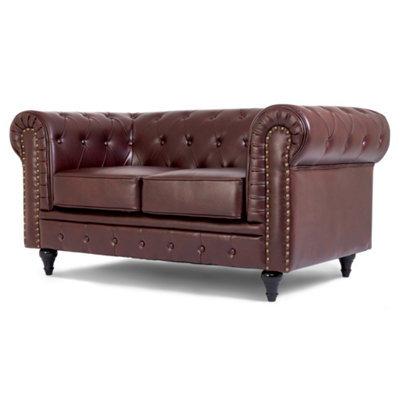 2 Seater Bonded Leather Chesterfield Sofa - Brown