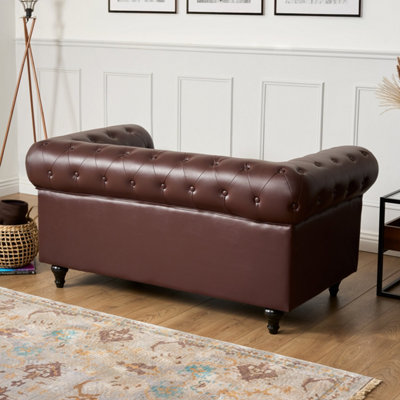 2 Seater Bonded Leather Chesterfield Sofa - Brown