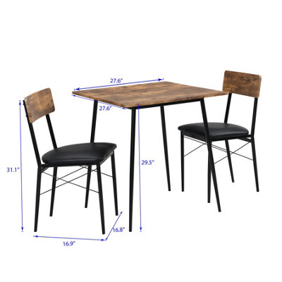 Iris Plaza 3-Piece Steel & Wood Dining Set - 27.6" Square Table & 2 Chairs, Walnut/Black, Compact With Storage