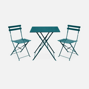 2-seater foldable thermo-lacquered steel bistro garden table with chairs 70x70cm - Emilia - Duck Blue
