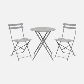2-seater foldable thermo-lacquered steel bistro garden table with chairs Diam.60cm - Emilia - Taupe grey