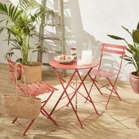 2-seater foldable thermo-lacquered steel bistro garden table with chairs Diam.60cm - Emilia - Terracotta