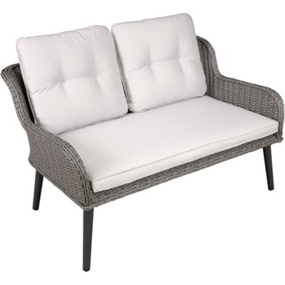 2 Seater Grey Rattan Wicker Garden Sofa & Cushions - Outdoor Dining Lounge Seat