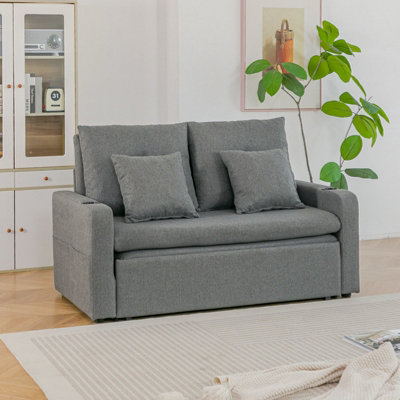 2 Seater Grey Sofa Bed with Cup Holders and Pillows