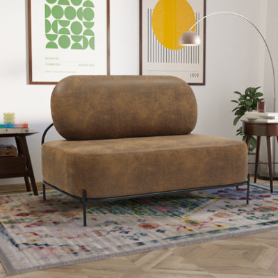 2 Seater Loveseat Small Sofa in Brown Faux Leather Suede Fabric