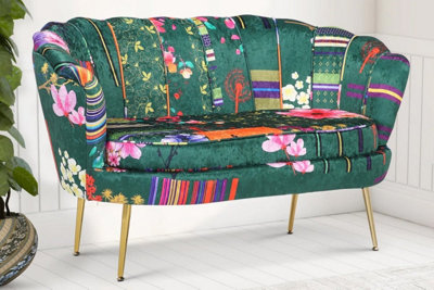 2 Seater Loveseat Small Sofa in Green Patchwork Fabric