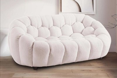 2 Seater Loveseat Small Sofa in White Teddy Boucle Fabric